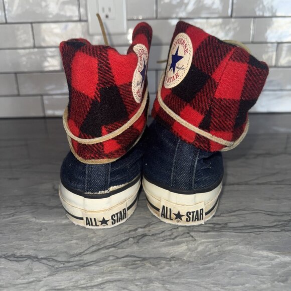 Converse Mens 9.5 Vintage NeeHi Tall High USA Made Denim Fold Over Plaid Sneaker - Picture 2 of 10
